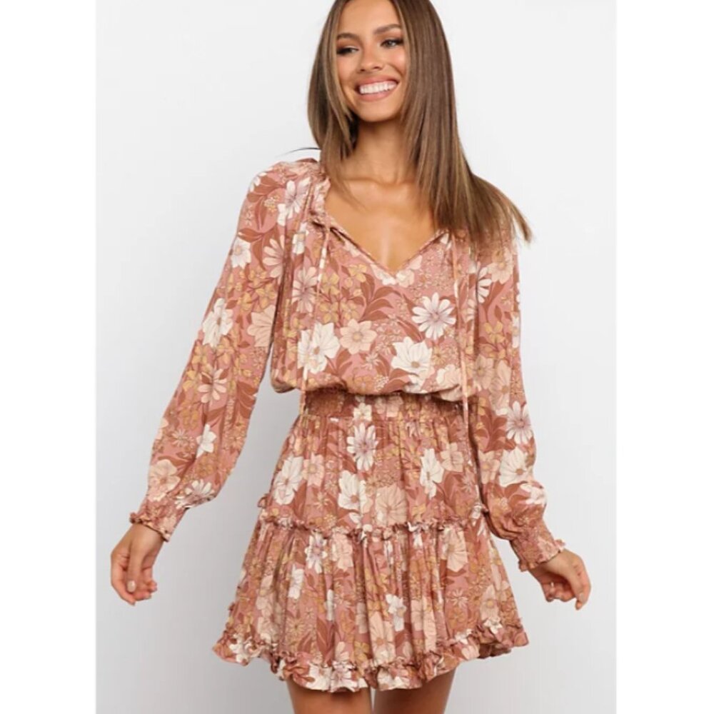 Petal & Pup Brown and Cream Boho floral Kealan Dress - Size 4
